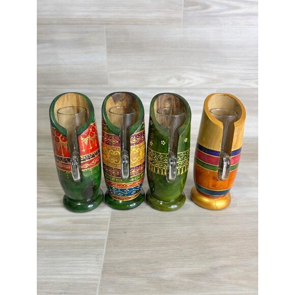 Handmade North Africa Olive Wood 4 Shot Mugs Hand Crafted Glass Mugs Colorful - Picture 8 of 12